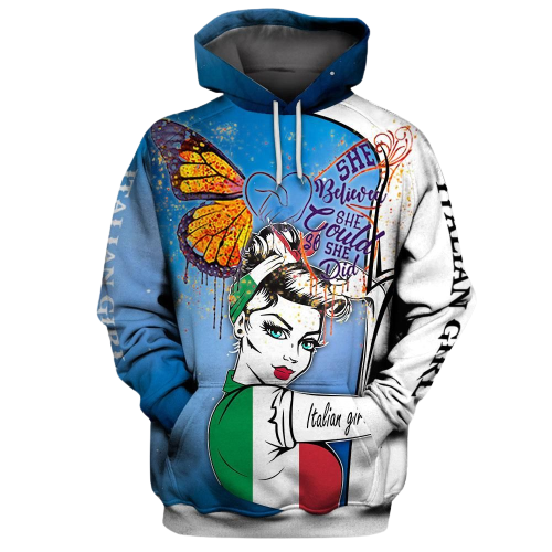 Gifury Italy Hoodie Italian Girl She Believe She Could So She Did Blue White Hoodie Italy Apparel 2023