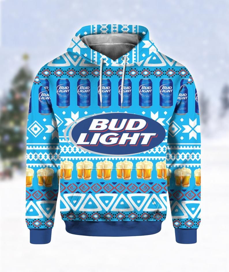  Beer Hoodie Bud Light Beer Cups And Cans Pattern Blue Hoodie Apparel For Fan  Women Men 