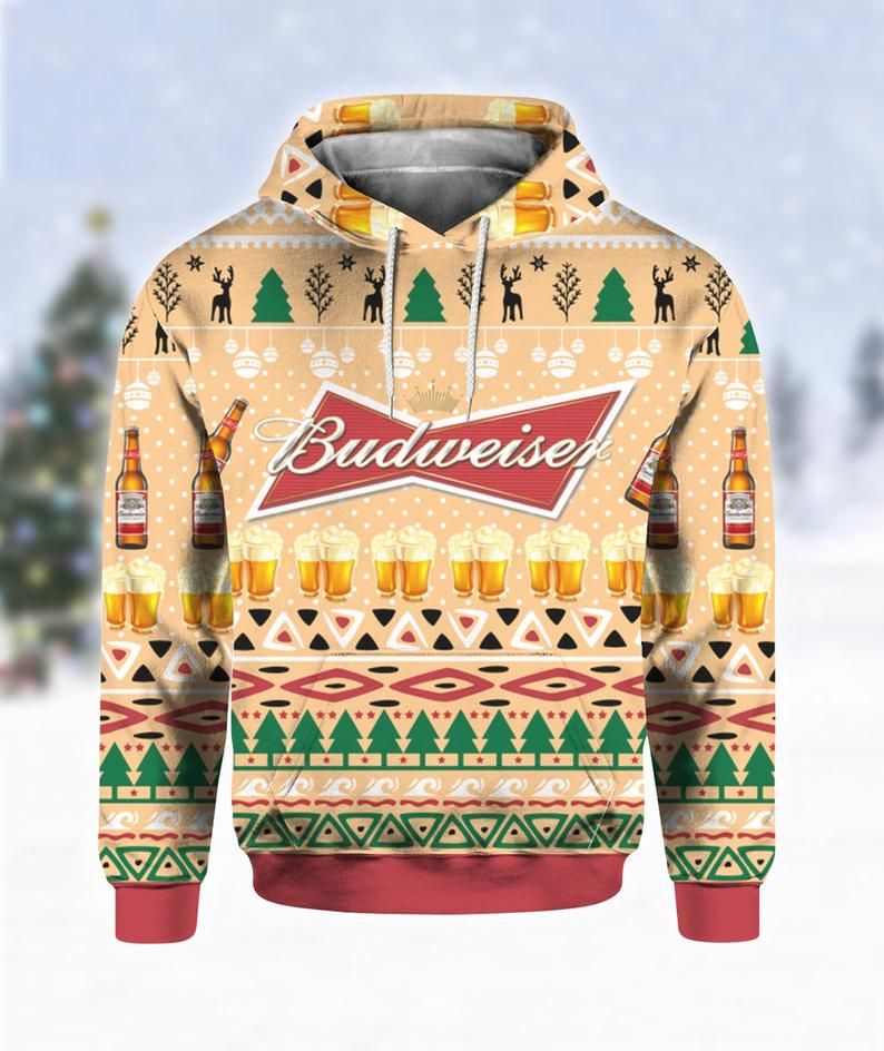  Beer Hoodie Budweiser Beer Bottle Christmas Pattern Muticolor Hoodie Apparel For Beer Lover  Colorful 