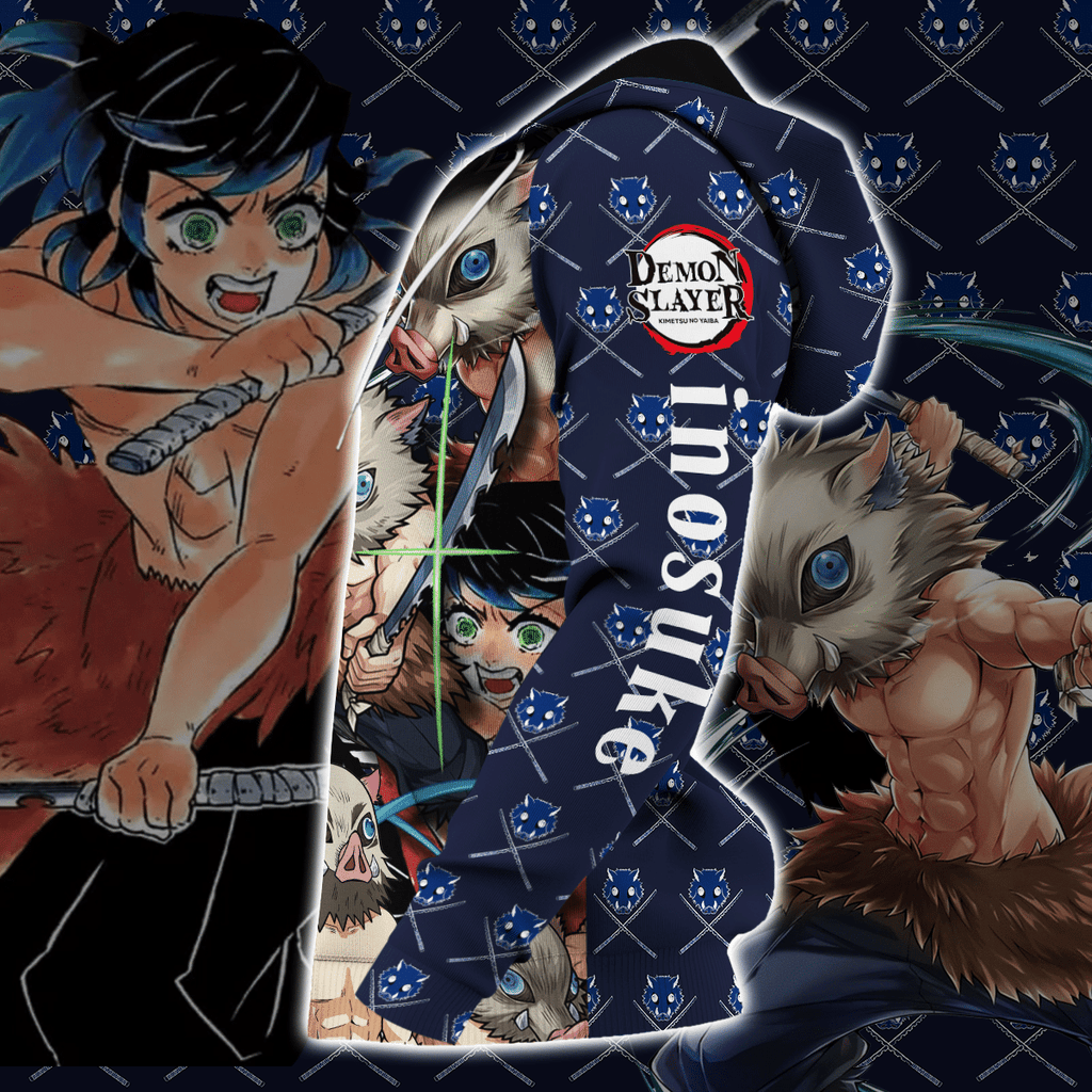  Demon Slayer Hoodie Inosuke Pig Head Pattern Blue Zip Hoodie Kimetsu No Yaiba Hoodie Demon Slayer Apparel