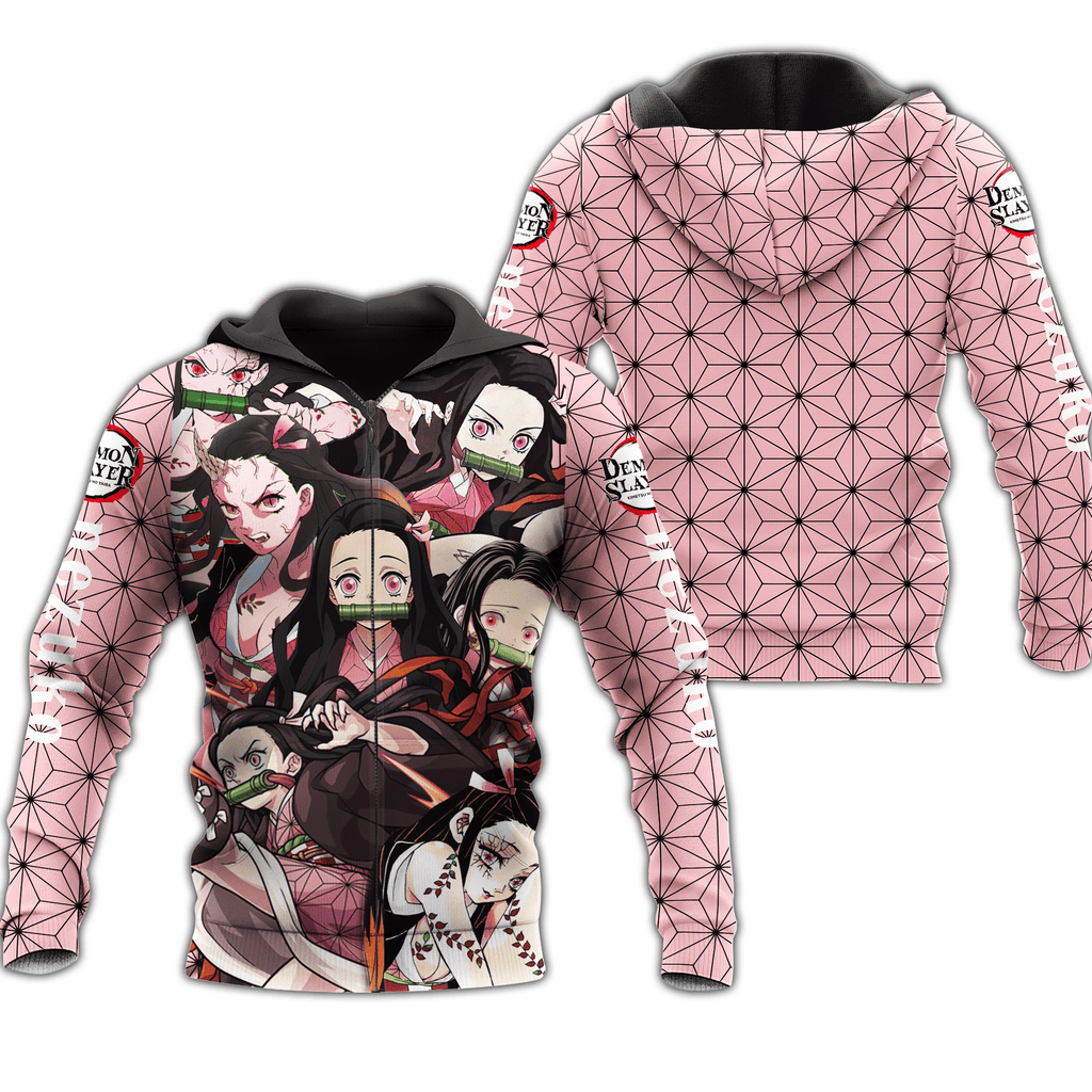  Demon Slayer Hoodie Nezuko Kamado Pink Pattern Kimetsu No Yaiba Logo Zip Hoodie Demon Slayer Apparel