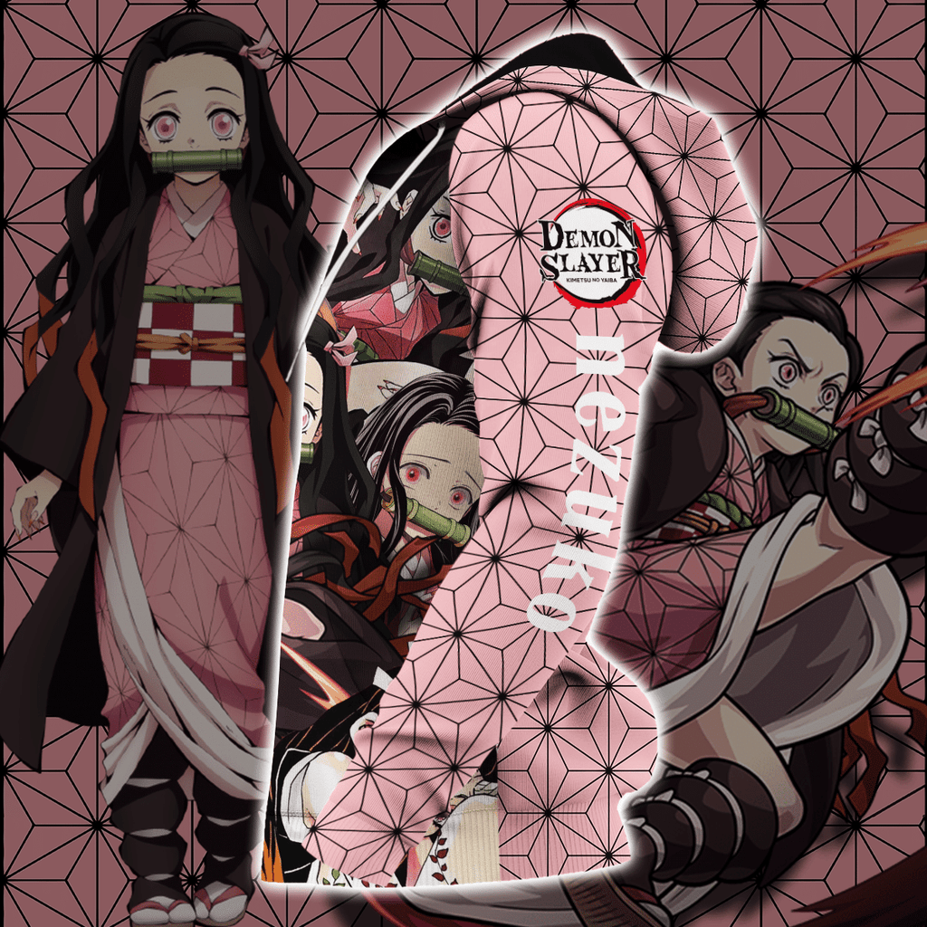  Demon Slayer Hoodie Nezuko Kamado Pink Pattern Kimetsu No Yaiba Logo Zip Hoodie Demon Slayer Apparel