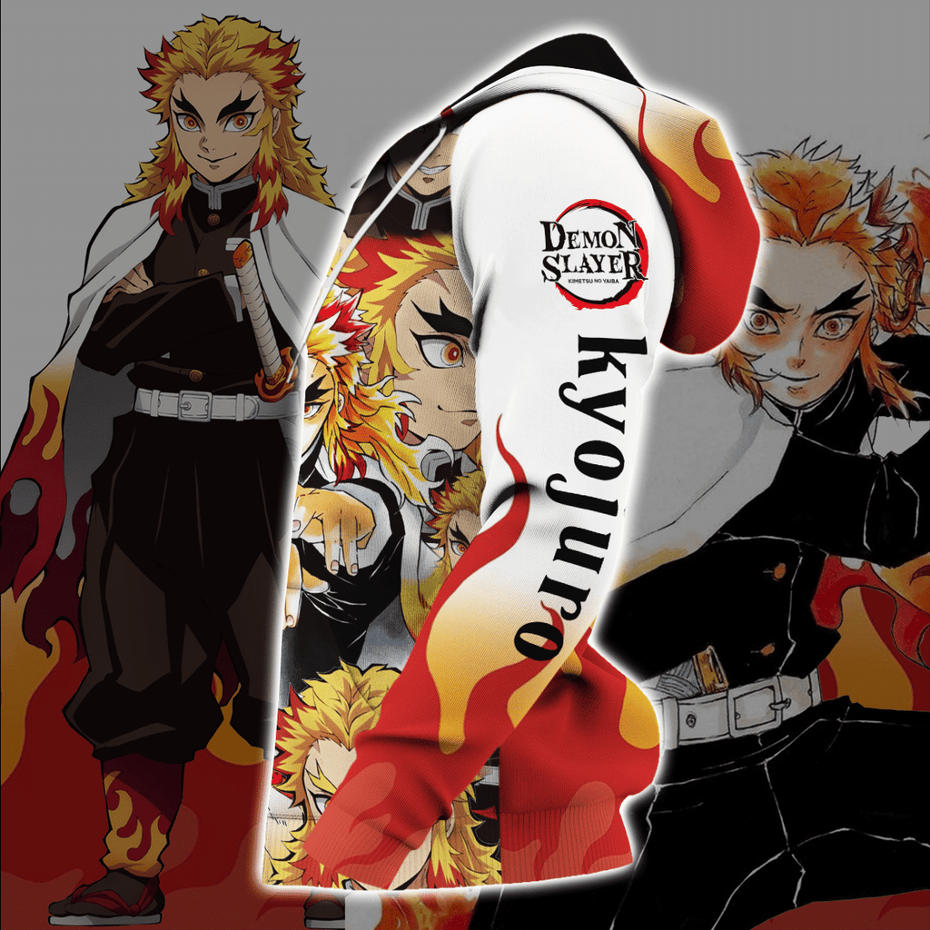  Demon Slayer Hoodie Rengoku Kyojuro Fire Kimetsu No Yaiba Logo White Zip Hoodie Demon Slayer Apparel