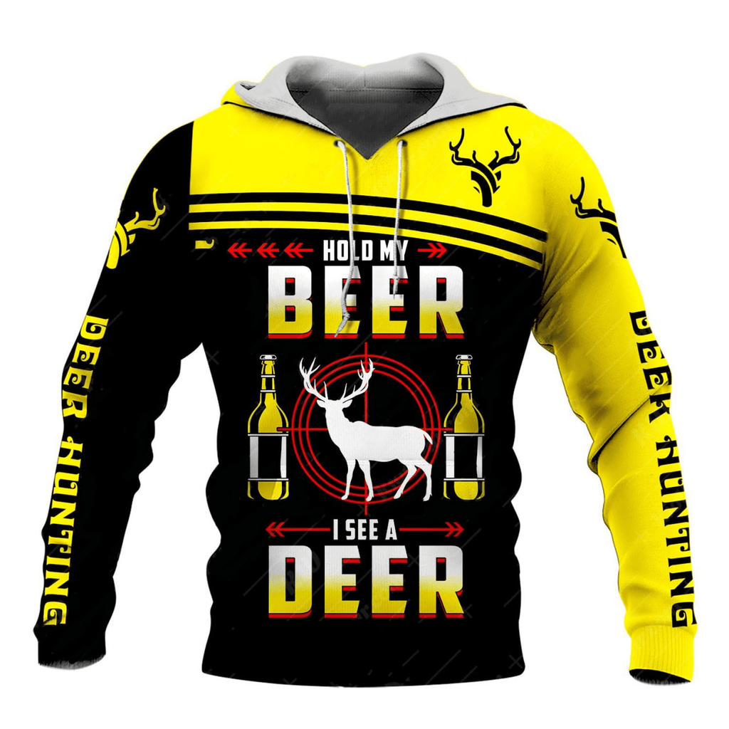 Gifury Beer And Hunting Hoodie Hold My Beer I See A Deer Hunting Black Yellow Hoodie Beer Apparel Hunting Apparel 2022