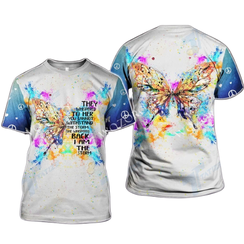  Hippie T-shirt Butterfly They Whispered To Her You Can't Withstand The Storm Blue T-shirt Hoodie Adult Unisex Full Print