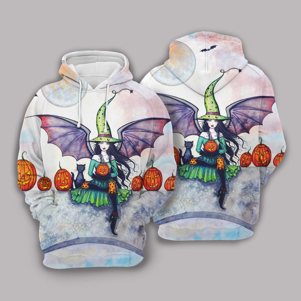 Gifury Halloween Hoodie Halloween Apparel Halloween Witch With Wings White Hoodie Halloween Clothing 2022