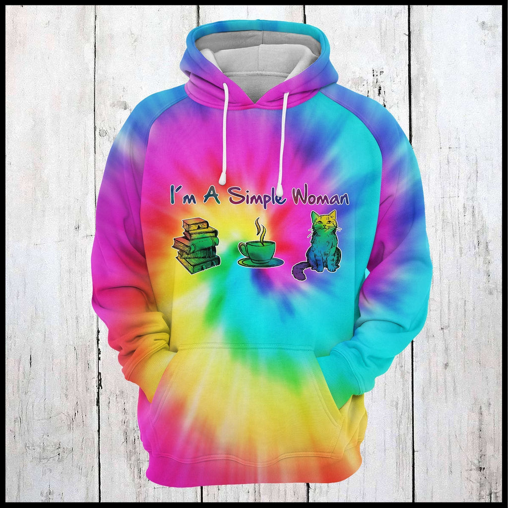 Gifury Book Hoodie I'm A Simple Women Book Cat Coffee Tie Dye Hoodie Book Lover Apparel 2022