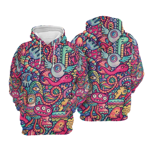 Alien Hoodie Alien Doodle Art Pink Blue Hoodie Apparel Adult Unisex Full Print