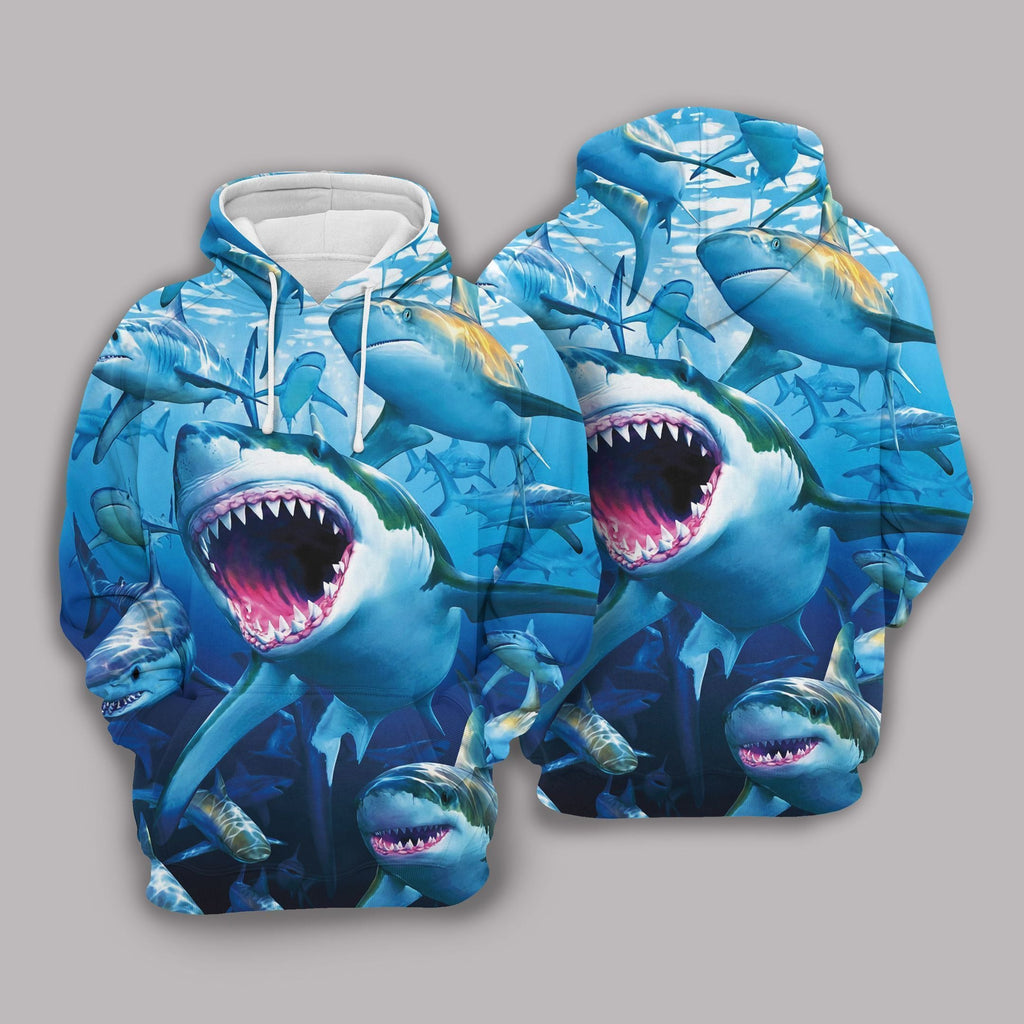  Shark Hoodie Many Sharks Scary Shark Teeths Blue Hoodie Apparel ADutl Unisex Full Print