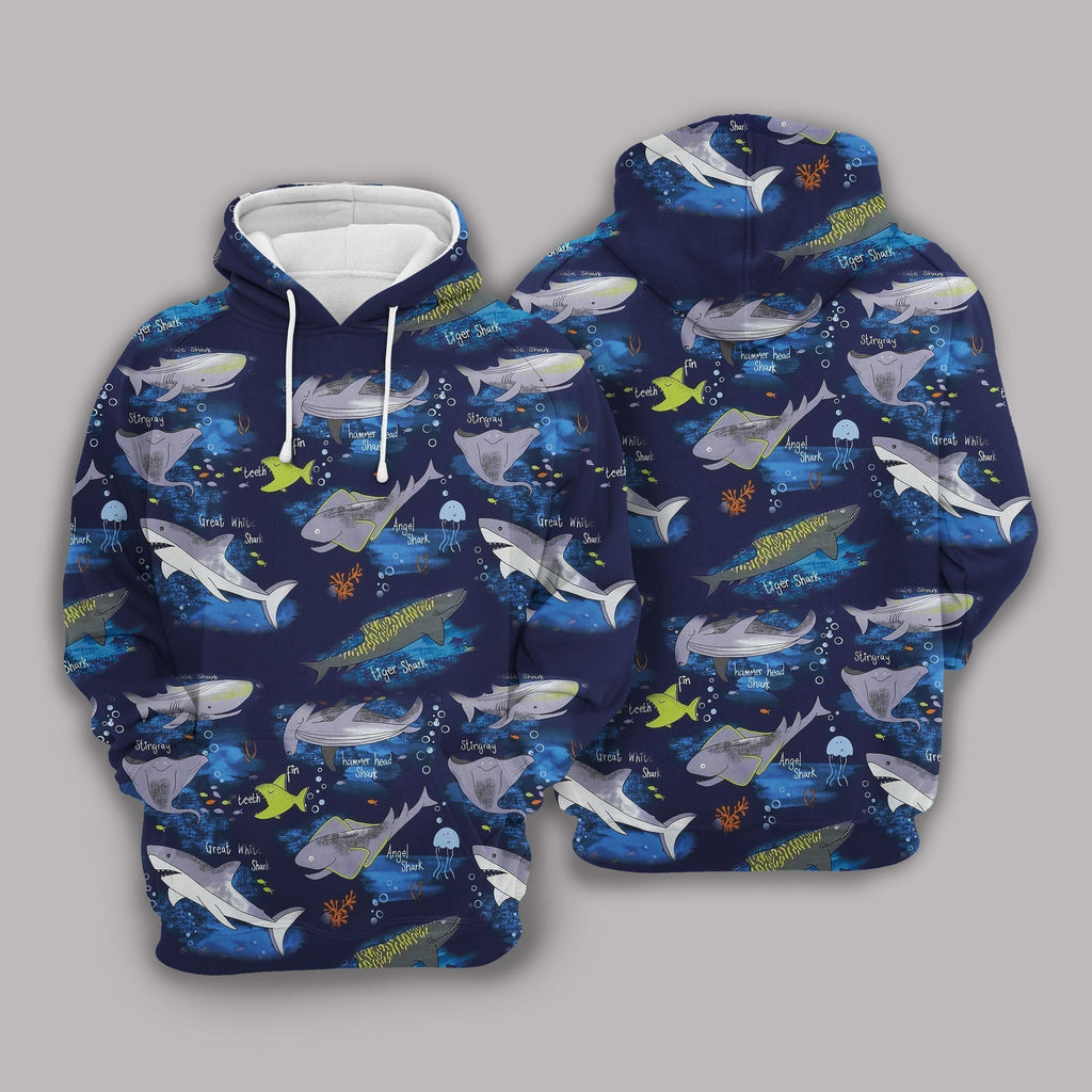  Shark Hoodie Hammerhead Shark White Shark Pattern Dark Ocean Hoodie Apparel Adult Unisex Full Print