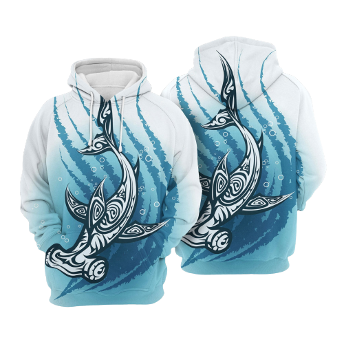  Shark Hoodie Hammerhead Shark Polynesian Style Blue White Hoodie Apparel Adult Unisex Full Print