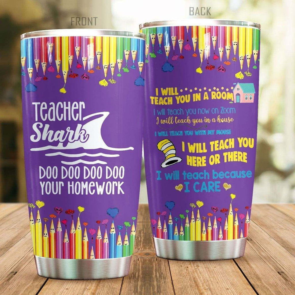 Gifury Teacher Tumbler 20 Oz Teacher Shark Doo Doo Doo Doo Your Homework Purple Tumbler Cup Teacher Travel Mug 2022