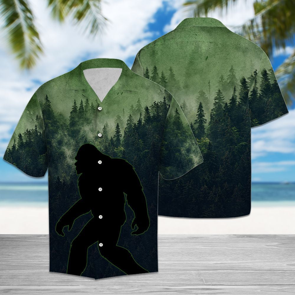 Bigfoot Hawaii Shirt Walking Bigfoot In The Forest Green 3D Hawaiian Shirt