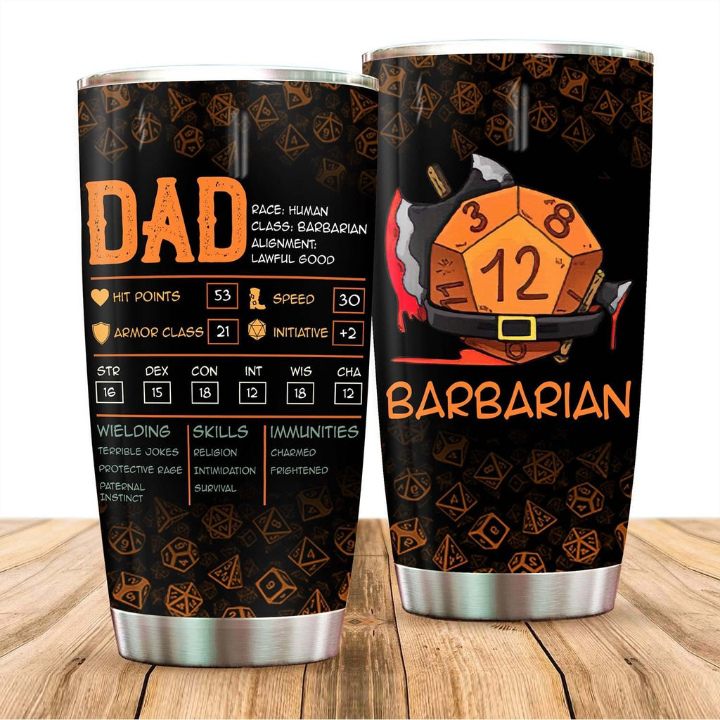  DnD Father Tumbler Cup 20 oz Dad Barbarian Dice Pattern Orange Black Tumbler 20 oz