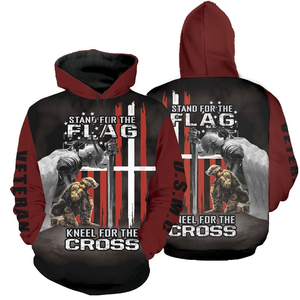 Veteran Apparel Stand For The Flag Kneel For The Cross Soldier Veteran Black Red Hoodie Apparel Full Print Full Size