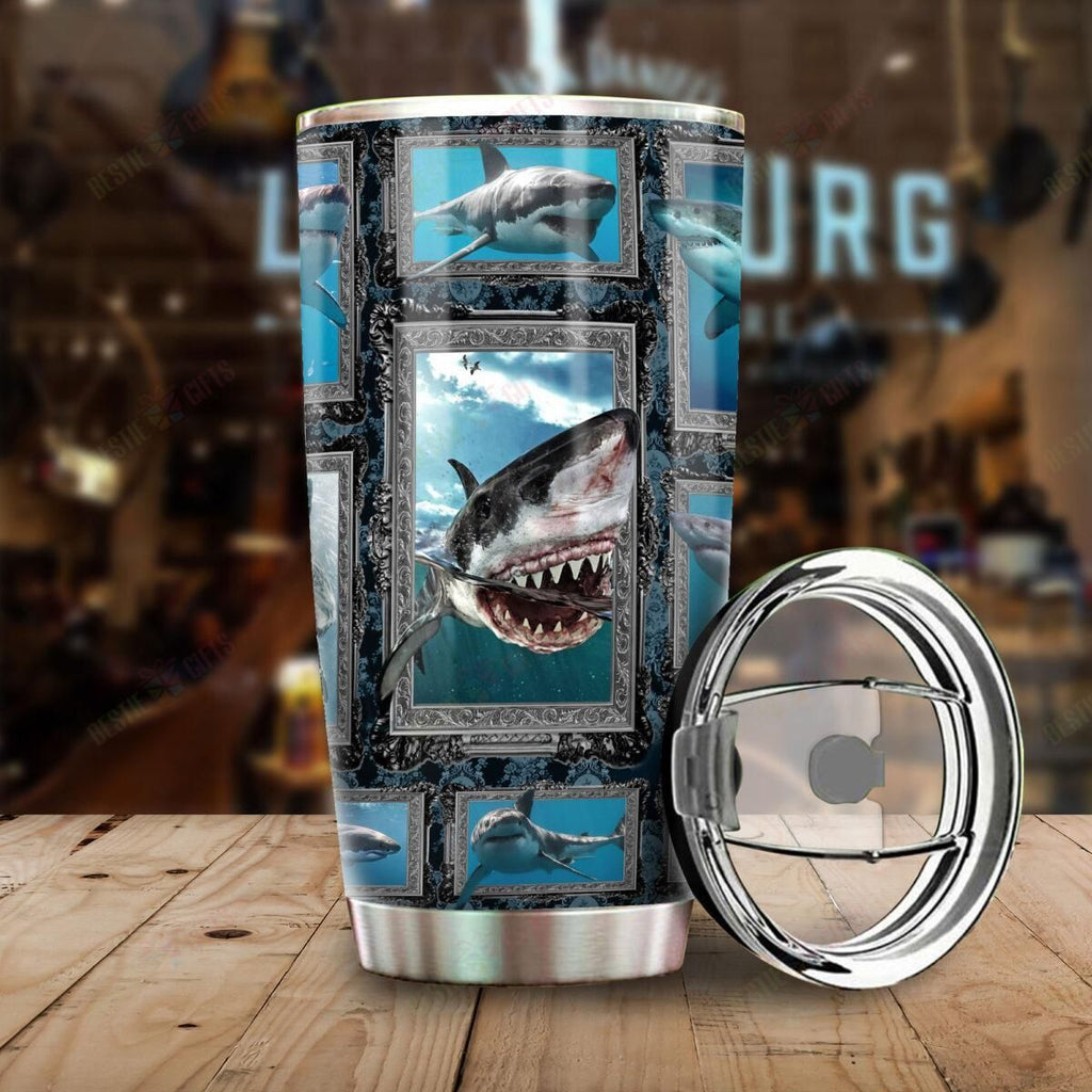  Shark Tumbler 20 Oz Scary Sharks Frame Blue Tumbler Cup 20 Oz Travel Mug