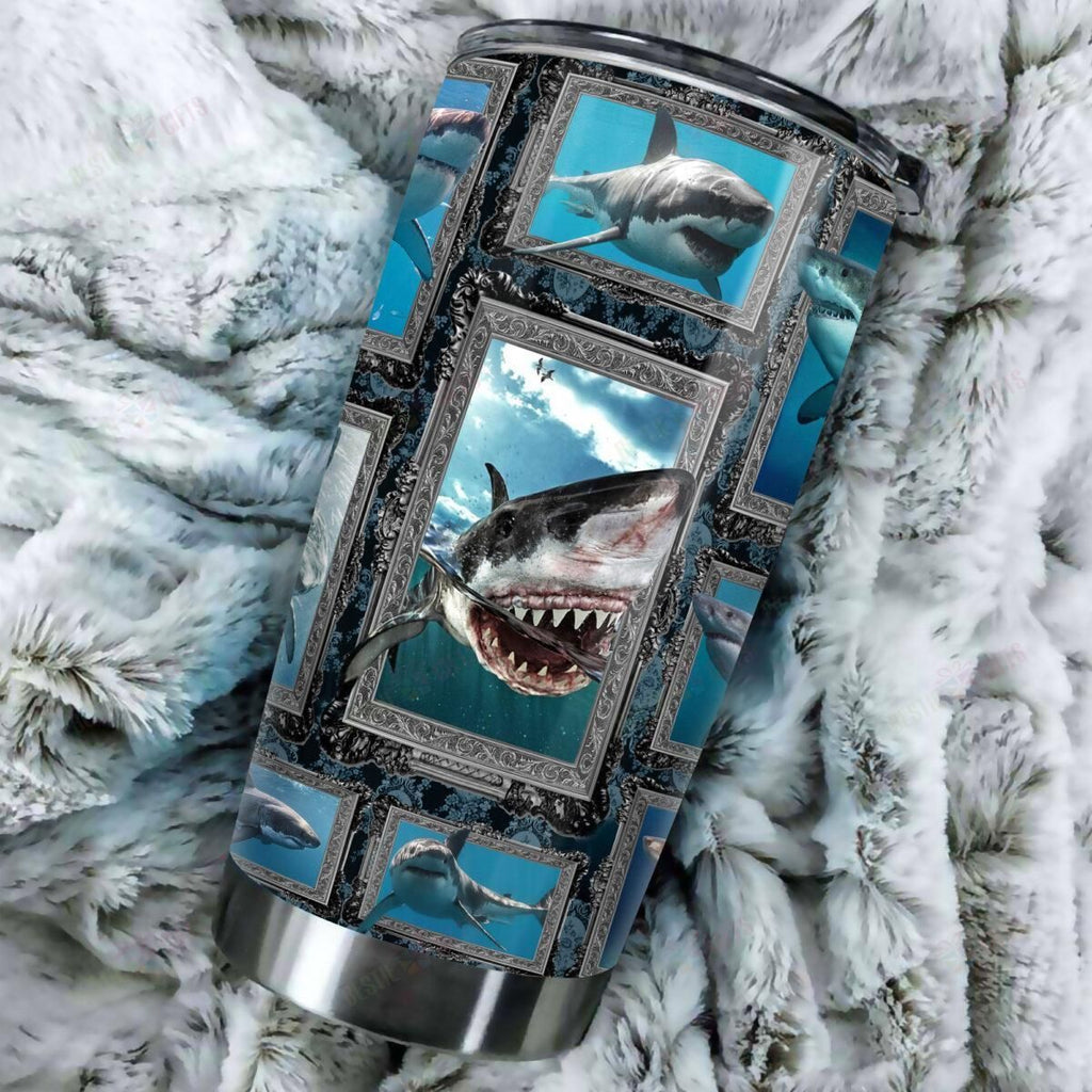  Shark Tumbler 20 Oz Scary Sharks Frame Blue Tumbler Cup 20 Oz Travel Mug