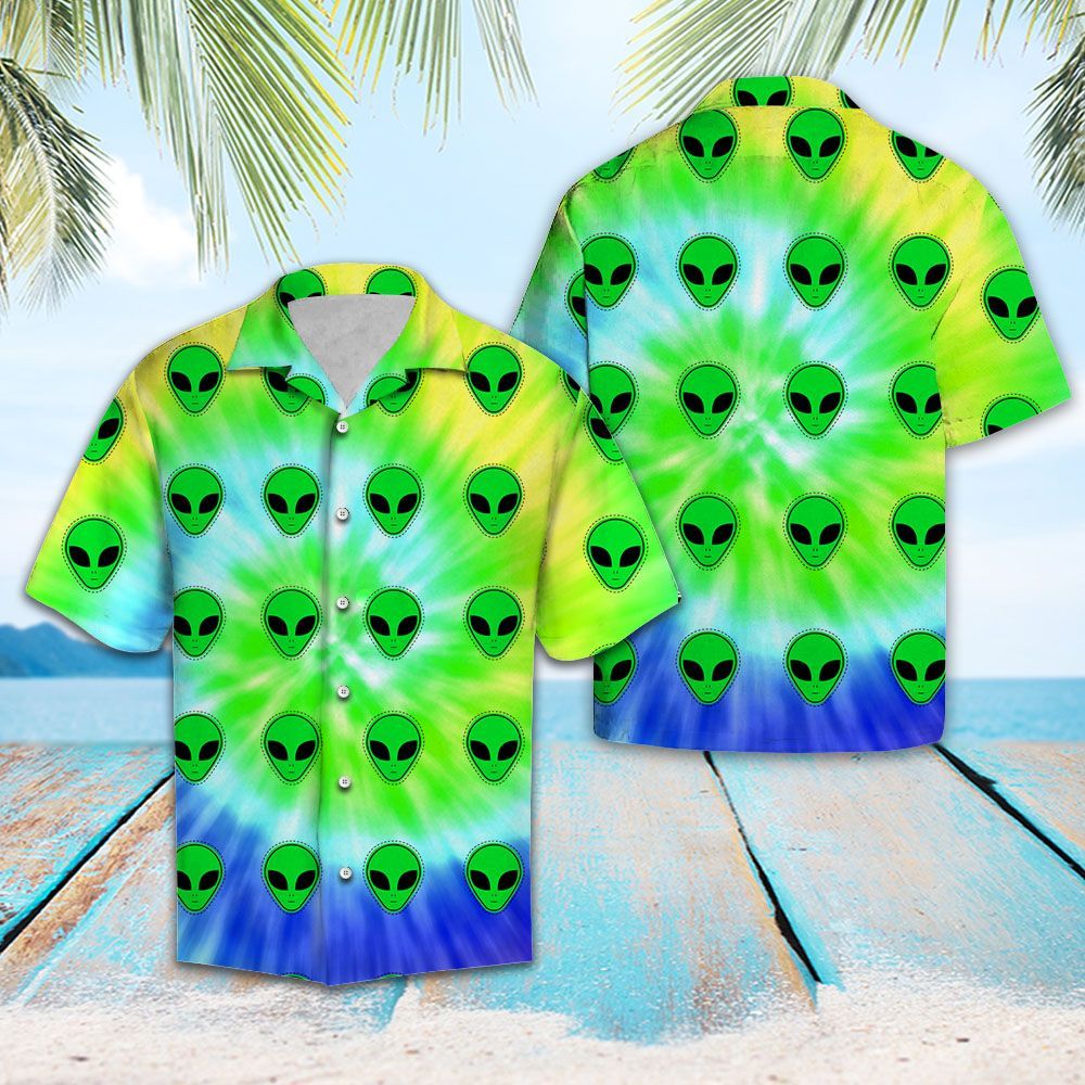 Alien Hawaiian Shirt Alien Head Pattern Green Blue Tie Dye Hawaii Aloha Shirt