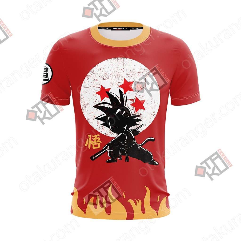 Dragon Ball T-shirt Chibi Son Goku Silhouette Fire Red Shirt Goku T-shirt  