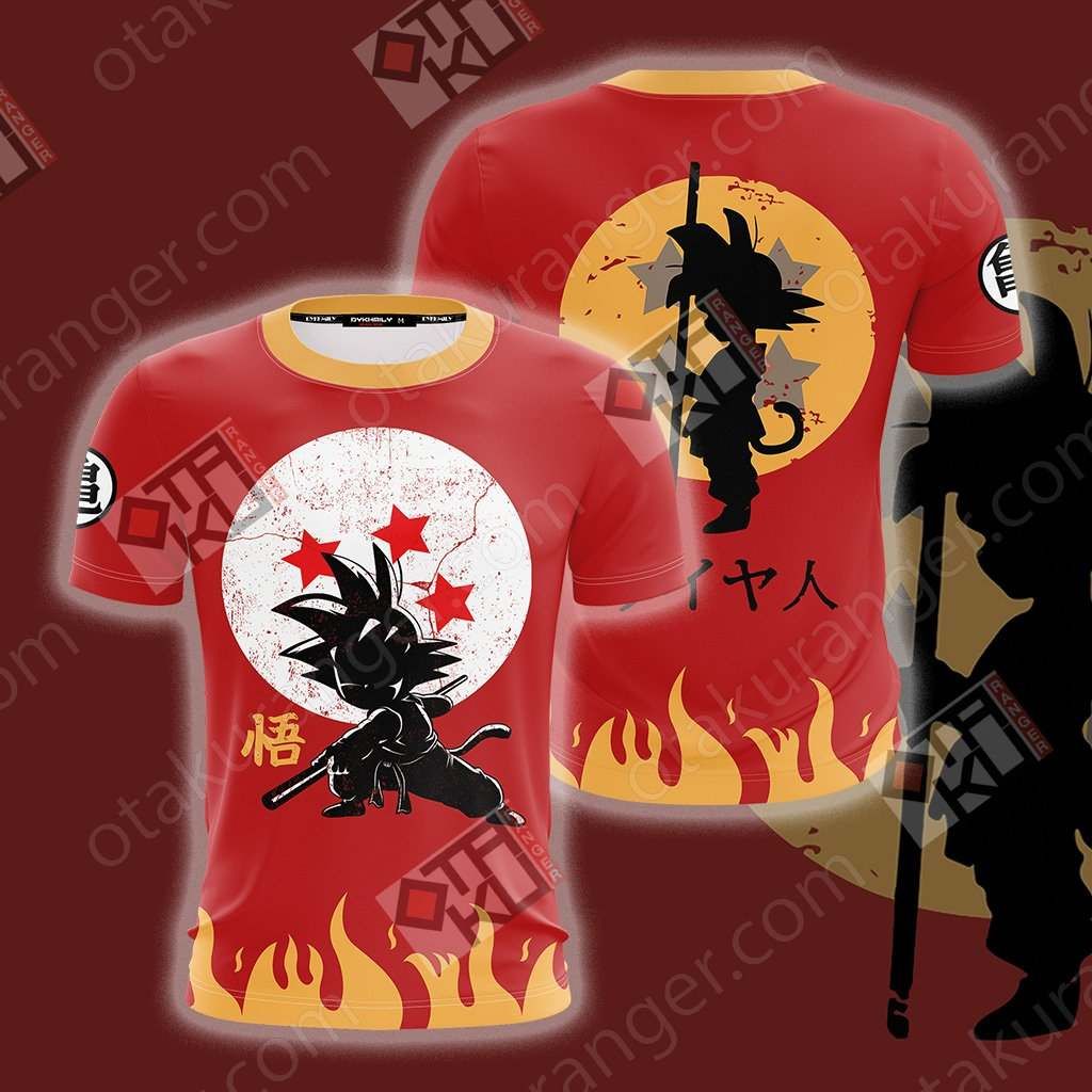 Dragon Ball T-shirt Chibi Son Goku Silhouette Fire Red Shirt Goku T-shirt  