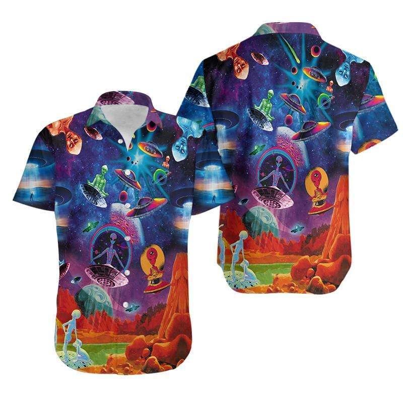 Gifury UFO Alien Hawaii Shirt UFO Alien Space Blue Orange Hawaiian Shirt UFO Aloha Shirt 2022