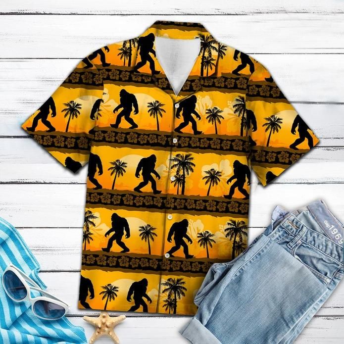 Bigfoot Hawaii Shirt Yellow Sunset Bigfoot Palm Tree Pattern Hawaiian Shirt