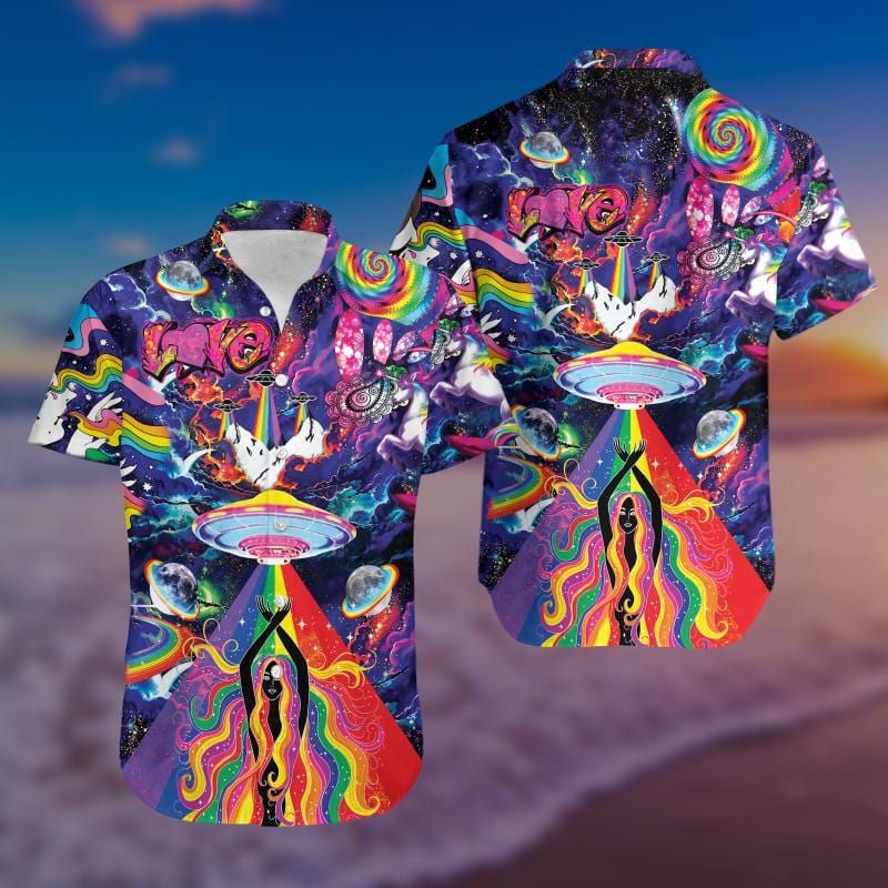 Gifury UFO Hawaiian Shirt UFO Hipie Style Love Multicolor Hawaii Shirt UFO Aloha Shirt 2022