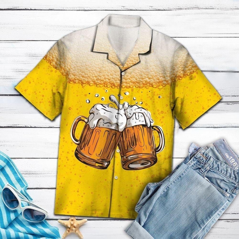 Gifury Beer Hawaiian Shirt Beer Cups Cheer Beer Bubble Yellow Hawaii Shirt Beer Aloha Shirt 2022