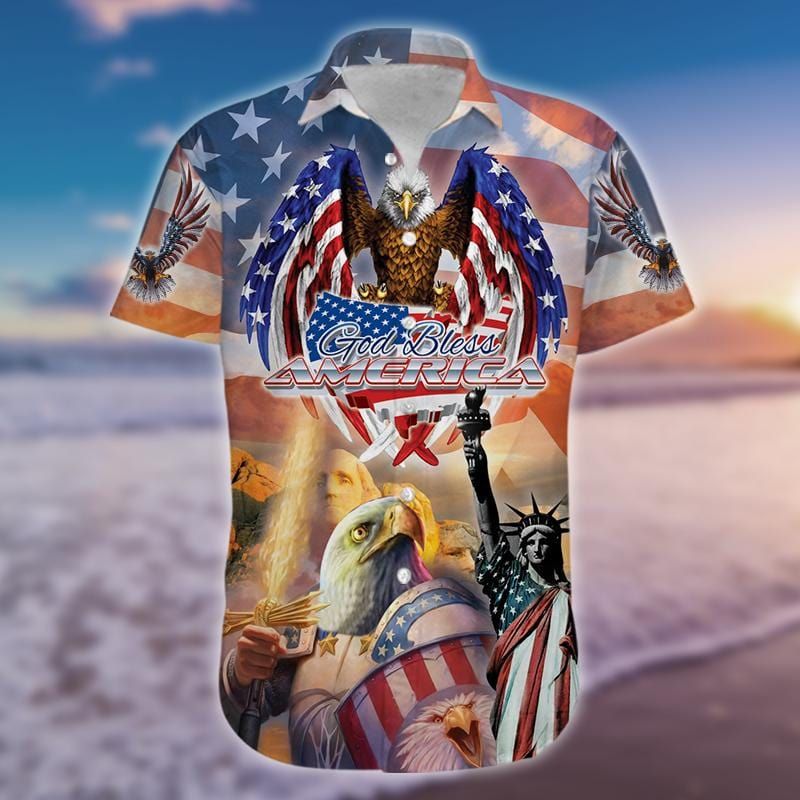 Patriot 4th Of July Hawaii Shirt God Bless America American Flag Eagle Statue Of Liberty Hawaiian Aloha Shirt