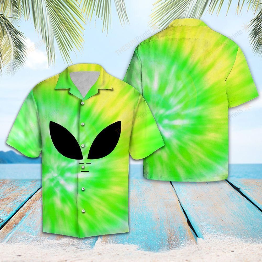 Alien Hawaiian Shirt Green Yellow Alien Tie Dye Hawaii Aloha Shirt Adult Full Print