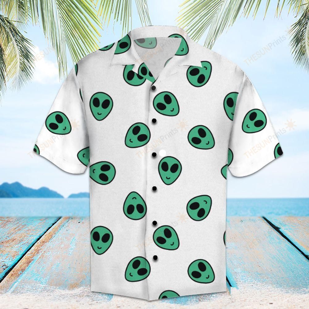 Alien Hawaiian Shirt Green Smiling Alien Head Pattern White Hawaii Aloha Shirt