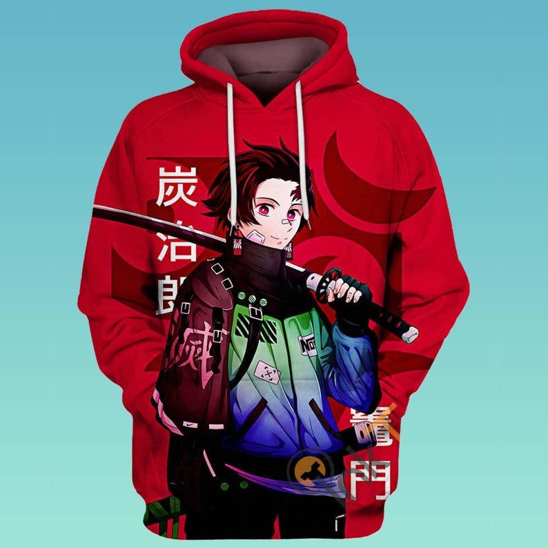  Demon Slayer Hoodie Tanjiro Kamado Modern Clothes Red Hoodie Demon Slayer Apparel