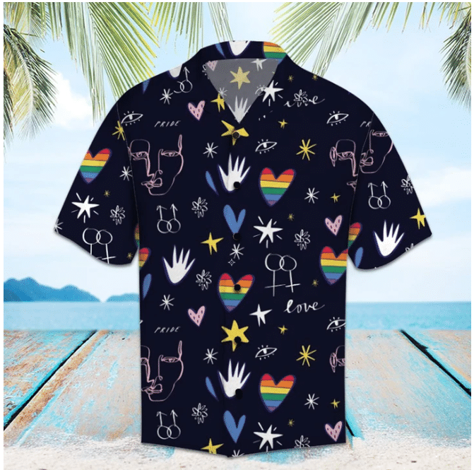  LGBT Pride Hawaii Shirt Hand Rainbow Hearts Love Pattern Black Hawaiian Aloha Shirt
