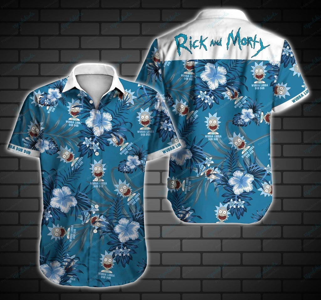  Rick And Morty Hawaiian Shirt Rick Wubba Lubba Dub Dub Tropical Pattern Blue White Hawaii Aloha Shirt