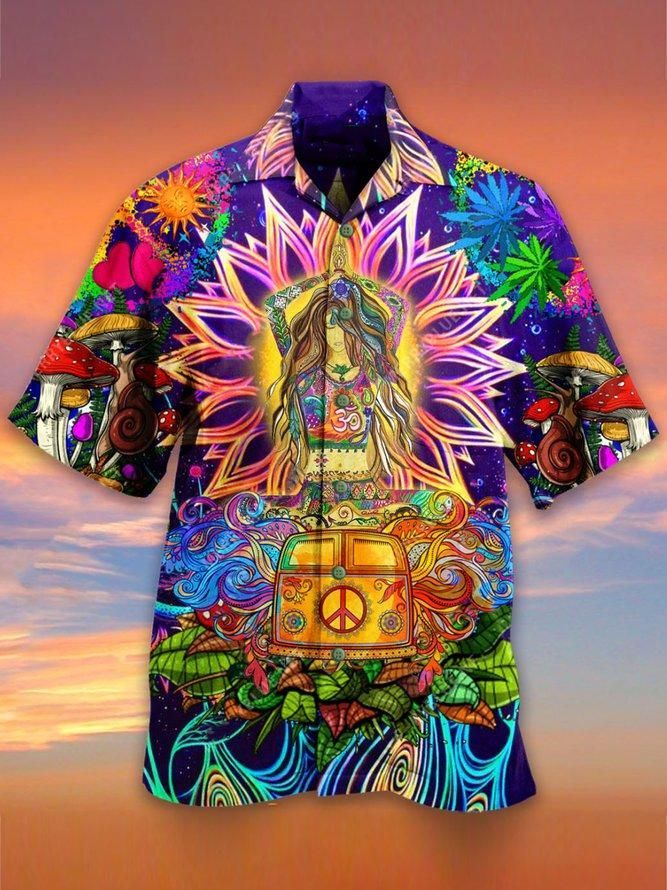  Hippie Hawaiian Shirt Girl Mediating Hippie Van Mushroom Blue Hawaii Aloha Shirt