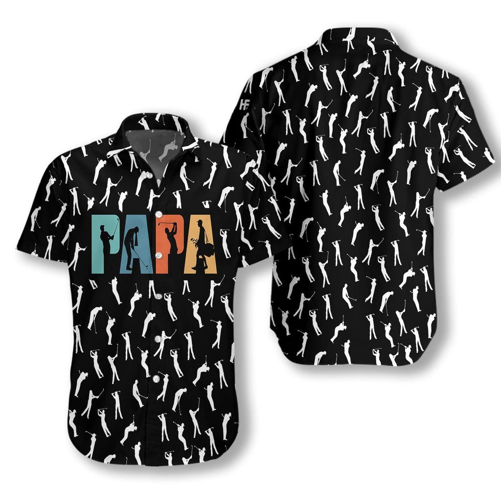 Gifury Father Golfing Hawaii Shirt Papa Golfing Posing Pattern Black White Hawaiian Shirt Golfing Aloha Shirt 2022