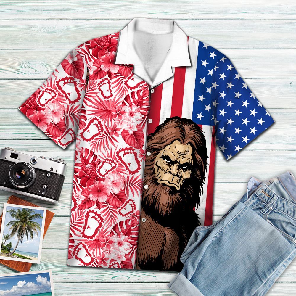 Bigfoot Hawaiian Shirt Bigfoot American Flag Footprints Hawaii Aloha Shirt