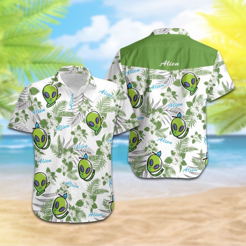 Alien Hawaiian Shirt Green Alien Floral Tropical White Hawaii Aloha Shirt