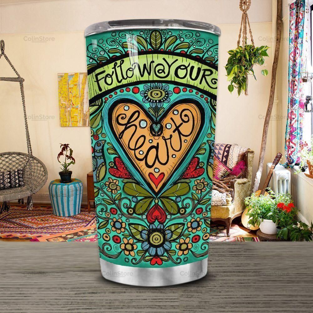  Hippie Tumbler Cup 20 Oz Follow Your Heart Flower Green Tumbler 20 Oz