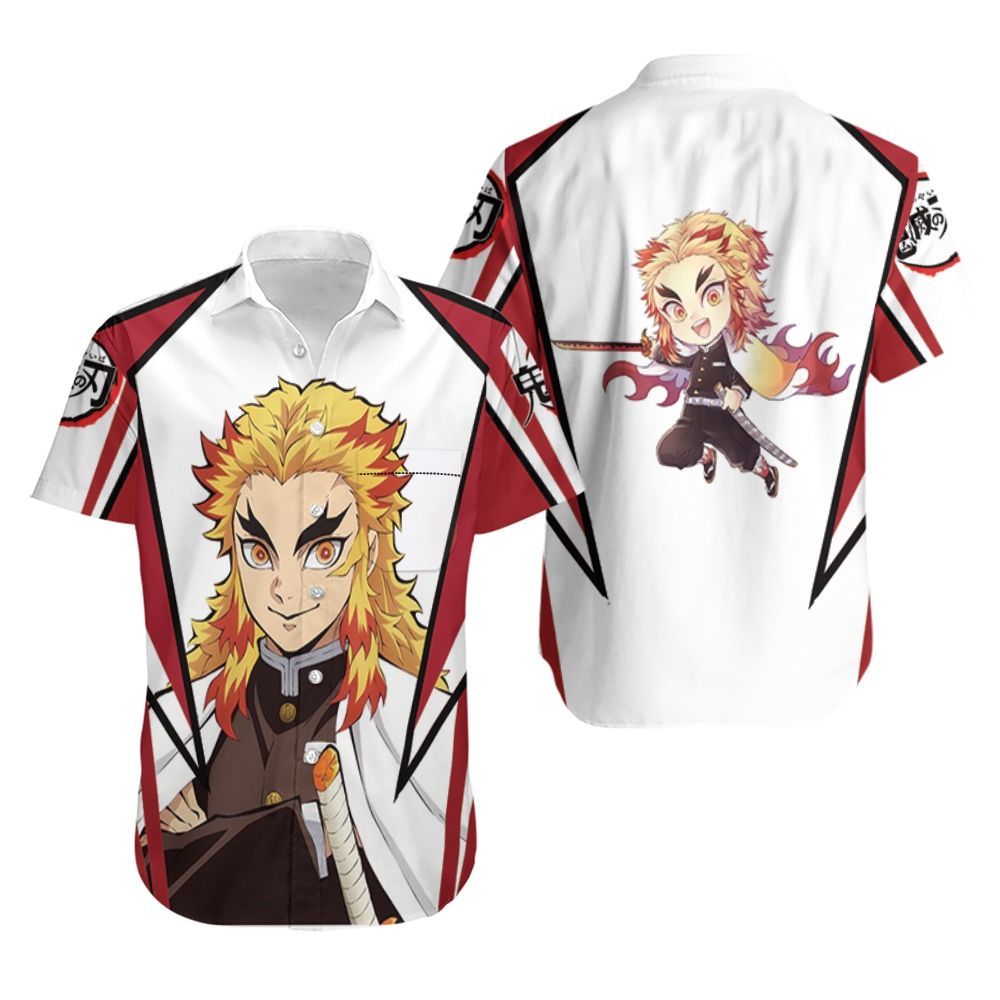  Demon Slayer Hawaii Shirt Rengoku Kyojuro Chibi Red White Hawaiian Shirt Demon Slayer Aloha Shirt