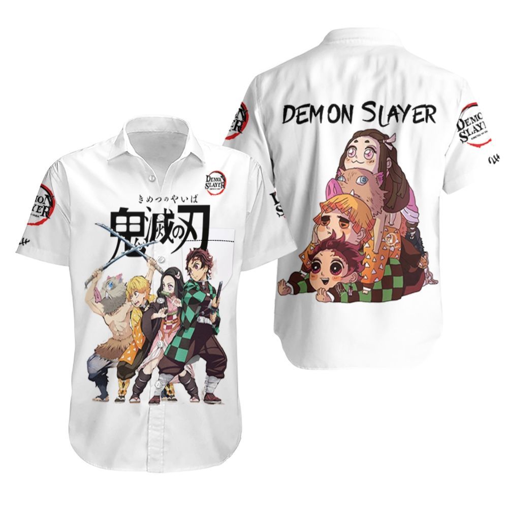  Demon Slayer Hawaiian Shirt Chibi Tanjiro Nezuko Zenitsu Inosuke Kimetsu No Yaiba Logo Hawaii Shirt Demon Slayer Aloha Shirt