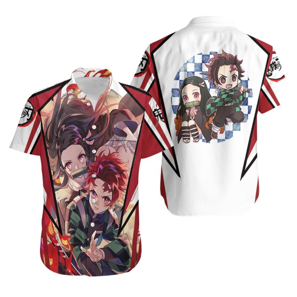  Demon Slayer Hawaiian Shirt Tanjiro Nezuko Cool And Chibi White Red Hawaii Shirt Demon Slayer Aloha Shirt