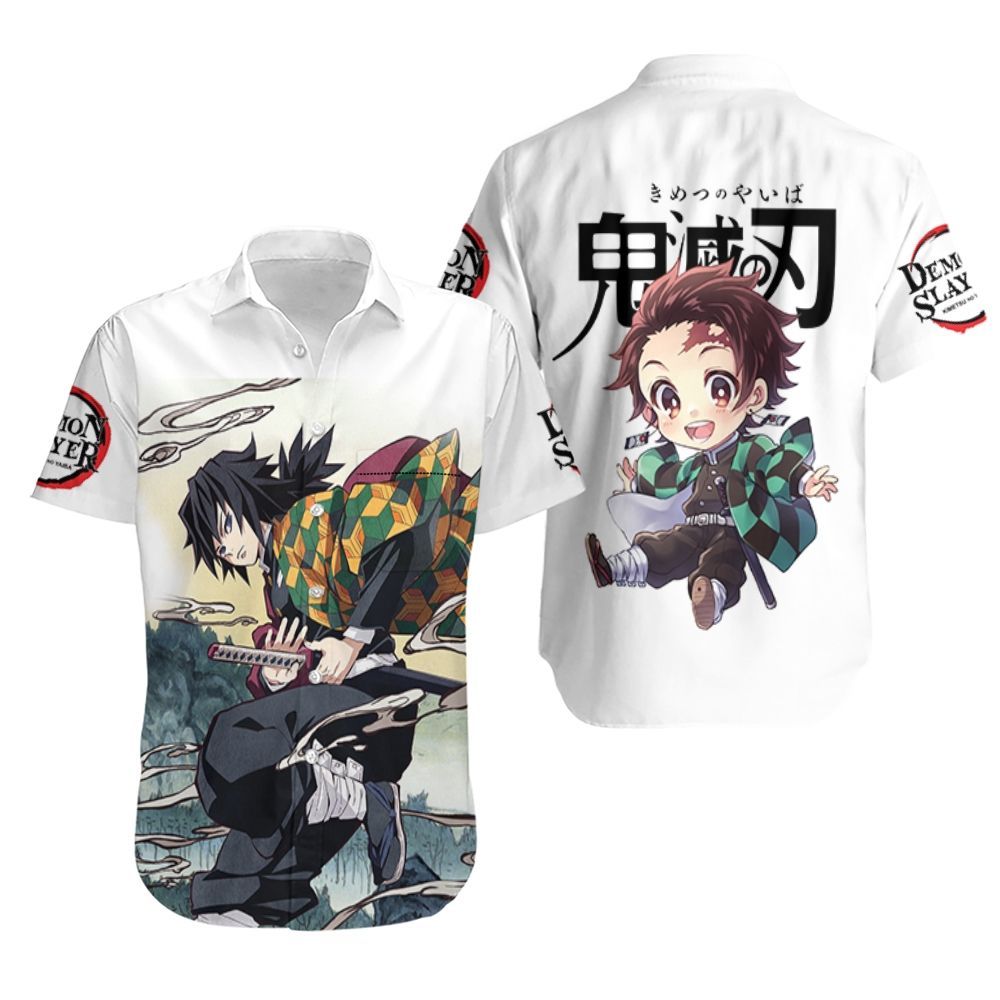  Demon Slayer Hawaiian Shirt Giyu Tomioka Chibi Tanjiro White Kimetsu No Yaiba Logo Hawaii Shirt Demon Slayer Aloha Shirt