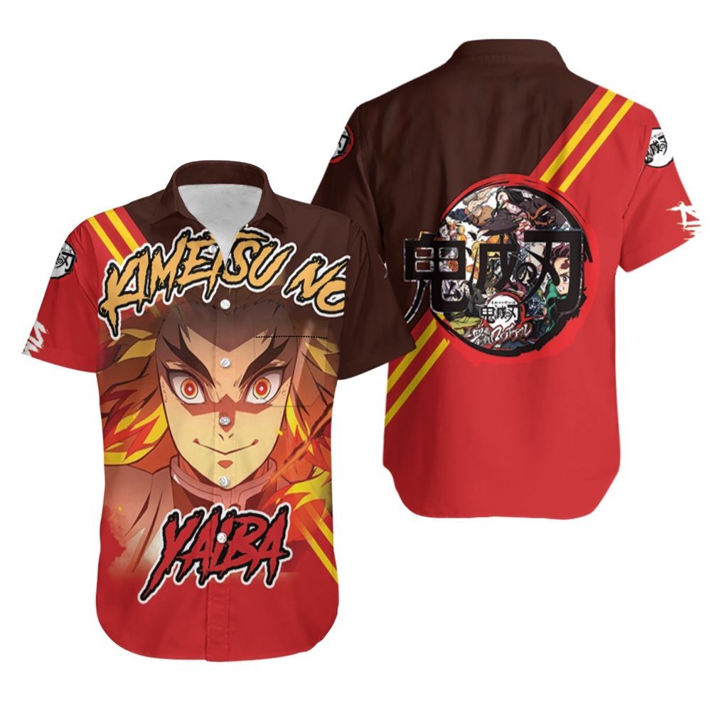  Demon Slayer Hawaii Shirt Rengoku Kyojuro Kimetsu No Yaiba Logo Red Hawaiian Shirt Demon Slayer Aloha Shirt