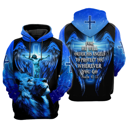  Jesus Hoodie For He Will Order His Angels To Protect You Wherever You Go Lion Blue Hoodie Christian Apparel