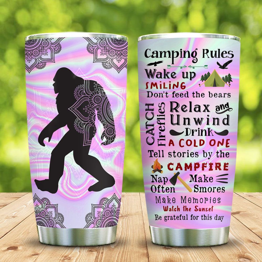 Bigfoot Camping Tumbler Cup Bigfoot Camping Rule Pink Tumbler 20 oz