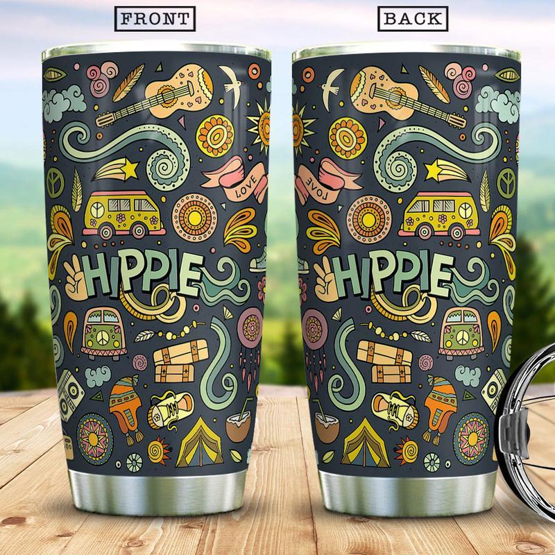  Hippie Tumbler Cup 20 Oz Hippie Van Camp Guitar Flower Pattern Black Tumbler 20 Oz Travel Mug