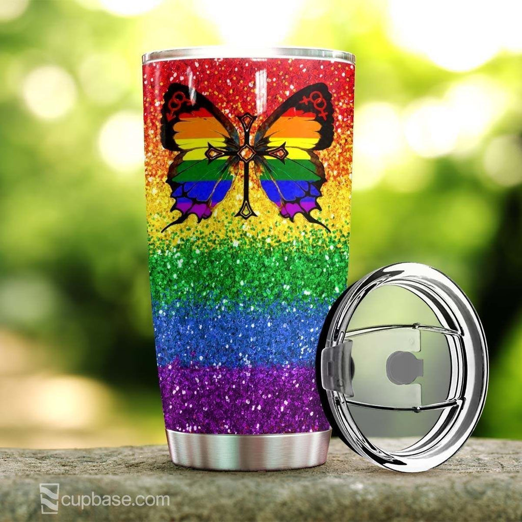LGBT God Tumbler 20 oz God Accept You LGBT Rainbow Butterfly Cross Tumbler Cup 20 oz
