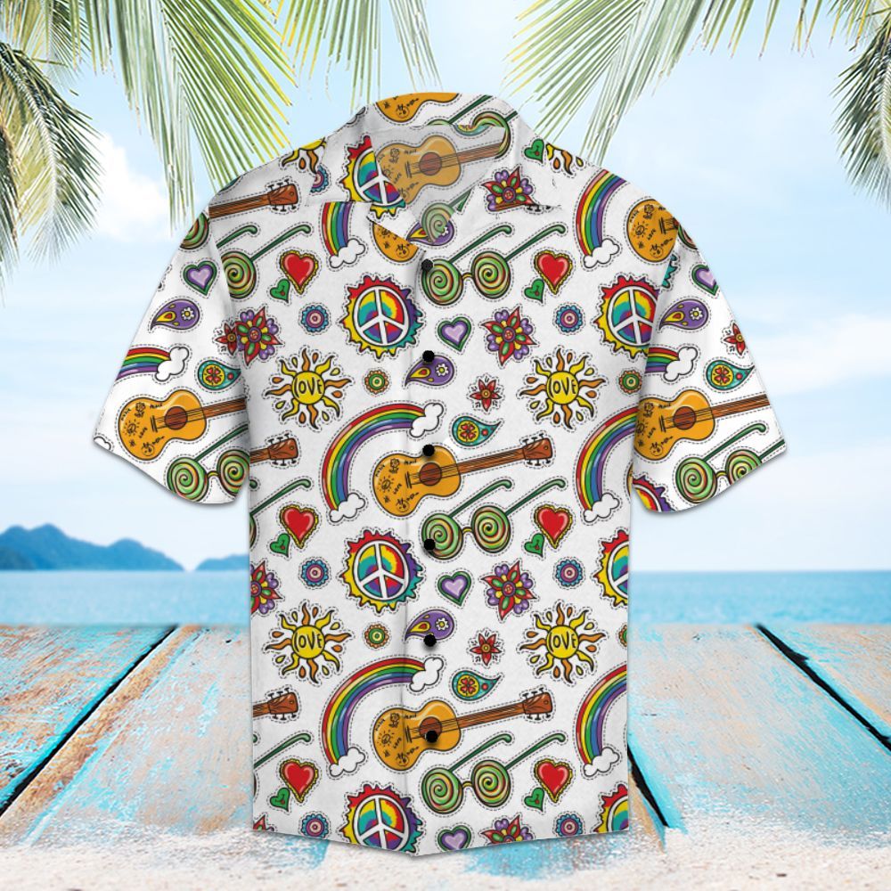  Hippie Hawaiian Shirt Peace Sign Sun Glasses Guitar Pattern White Hawaii Aloha Shirt