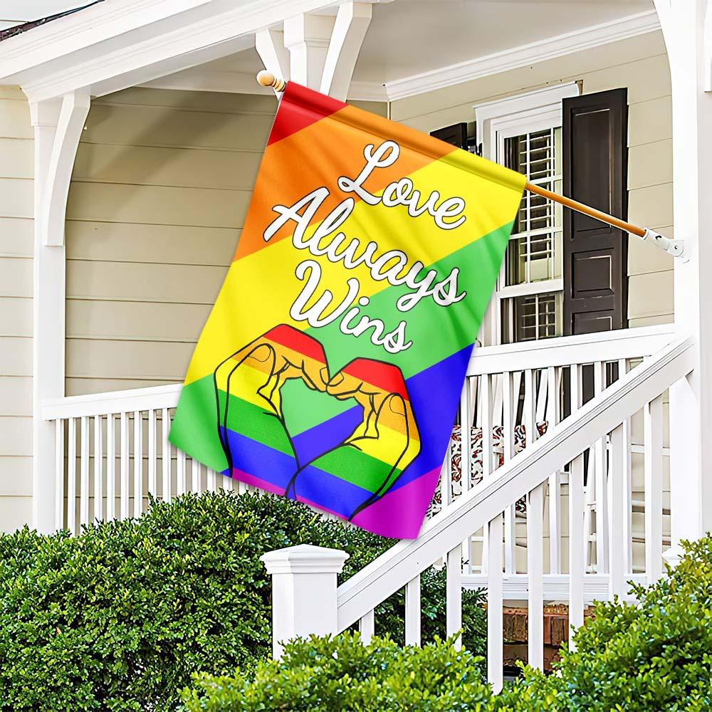  LGBT Pride Flag Love Always Wins Heart Shape Hands Rainbow Color Garden And House Flag